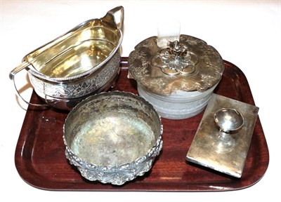 Lot 357 - Four various silver items, comprising: a George III silver sugar-bowl, marks worn, circa 1800;...