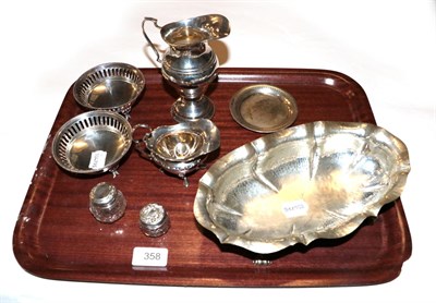 Lot 358 - A collection of assorted silver, including: an oval dish on four scroll feet, probably Italian; two