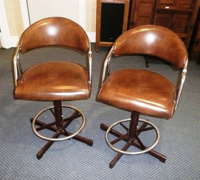 Lot 1565 - A Pair of Samsonite Chrome and Brown Vinyl Upholstered High Stools, with foot rests, labelled, 89cm