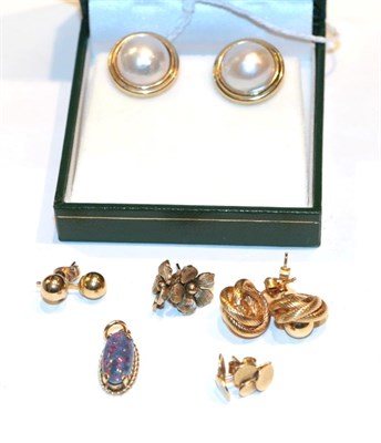 Lot 378 - A pair of 9 carat gold and pearl earrings, with post and clip fittings; three further 9 carat...