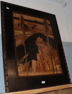 Lot 387 - A 20th century marquetry panel of a hilltop town after Sir Frank Brangwyn