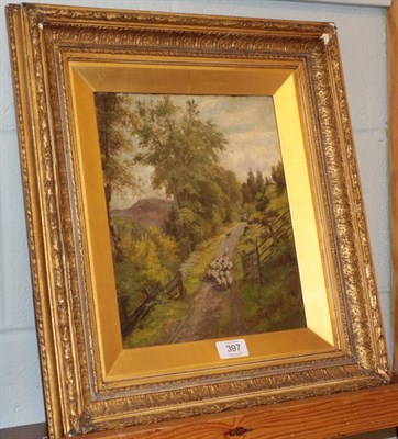 Lot 397 - G Connell (late 19th century) Shepherd and flock on a country lane, signed and indistinctly...