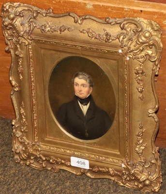 Lot 408 - British School (19th century) Portrait of a gentleman, head and shoulders, oil on board, 30.5cm...