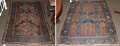 Lot 429 - Hamadan rug, the deep indigo field with three quartered guls, enclosed by borders of hooked motifs