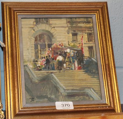 Lot 436 - Tom Coates (b.1941) ''Memorabilia Stall on the Embankment'', initialled, inscribed verso, oil...