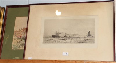 Lot 441 - William Lionel Wyllie, Convoy of battleships, signed etching; together with W.H Coates, busy...