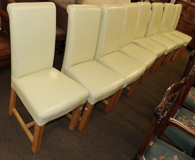 Lot 526 - A set of eight modern upholstered oak dining chairs