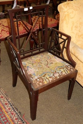 Lot 530 - A George III Chinese Chippendale style open armchair, with drop in seat, 61cm wide