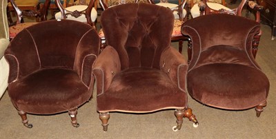 Lot 532 - A Victorian button back nursing chair; together with two tub chairs upholstered in brown fabric...