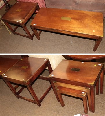 Lot 593 - A nest of reproduction hardwood and brass bound nesting tables; a pair of similar square form...