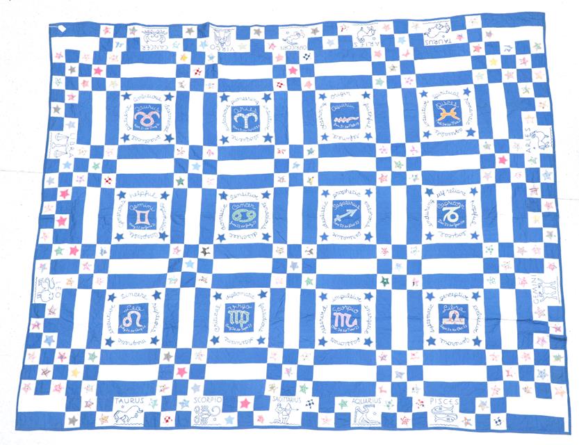 Lot 2003 - A Large 20th Century Blue and White Cotton Patchwork 'Signs of the Zodiac' Quilt, designed with...