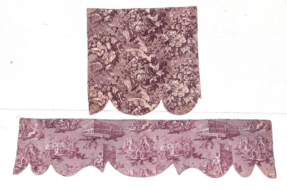 Lot 2008 - An Early 19th Century French Toile Pelmet, printed in purple, with a scalloped edge and hand...