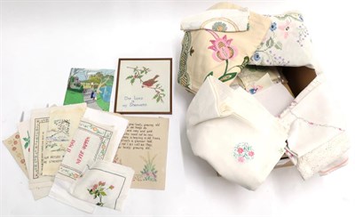 Lot 2014 - Assorted Embroidered Linens, including five large bed covers, cloths, tray cloths, mounted pictures