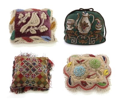 Lot 2025 - Pin Cushions and Other Items, comprising a military wool patchwork square cushion, with bead...