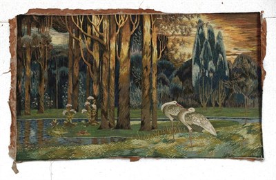 Lot 2029 - An Arts & Crafts Style Wool Work Woven Picture of a Woodland, with two standing herons in the...
