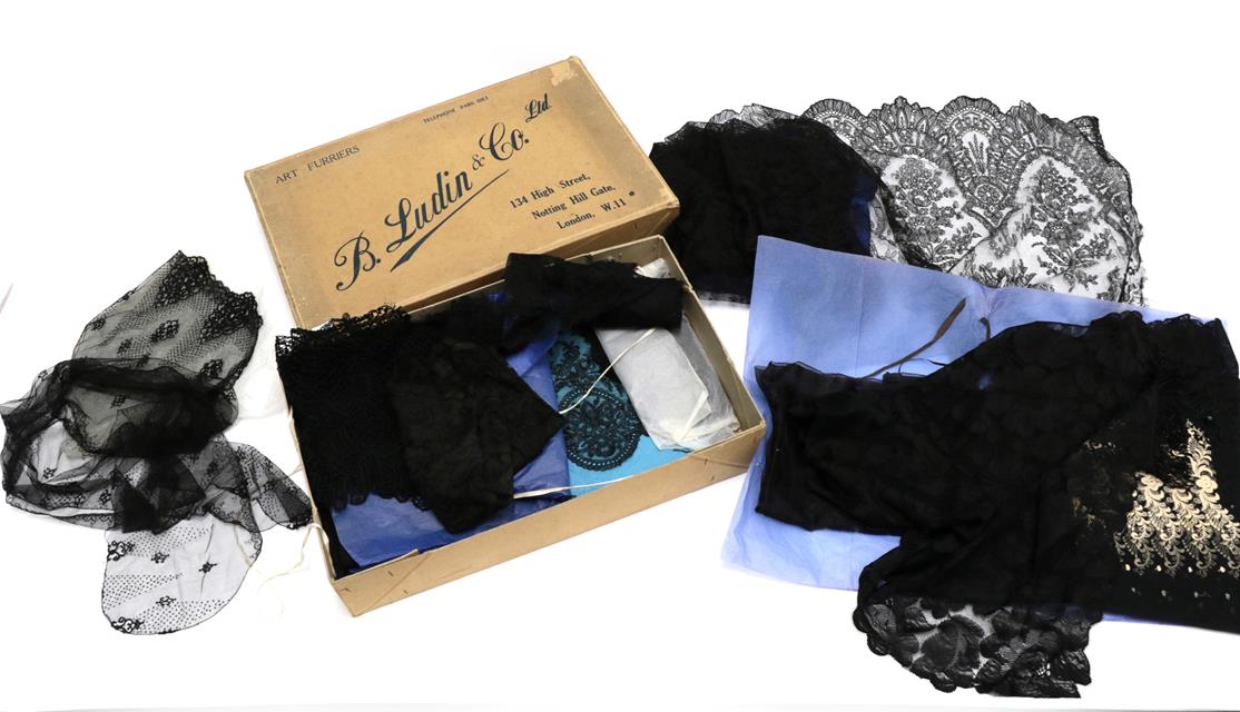 Lot 2032 - Assorted 19th Century and Later Black Lace, comprising a Chantilly lace flounce with scalloped hem