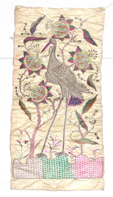 Lot 2036 - An Early 20th Century Indian Embroidered Panel, worked on cream silk with a central heron in silver