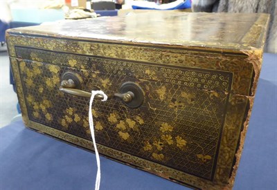 Lot 2038 - A 19th Century Chinese Export Lacquered Work Box, decorated in black and gilt, with brass...
