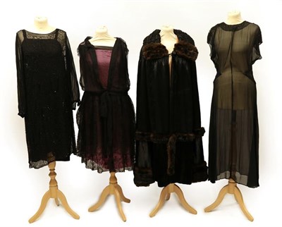 Lot 2054 - Four Items of Circa 1920's Evening Costume, including a black chiffon long sleeve shift dress...