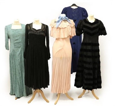 Lot 2056 - Five Circa 1920's-1930's Evening Dresses, comprising a black chiffon evening dress with...