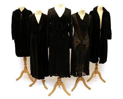 Lot 2057 - Five Items of Circa 1920's-1930's Ladies' Evening Wear, comprising a black cut velvet long...