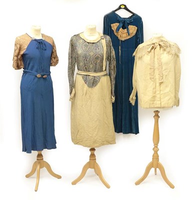 Lot 2058 - Four Circa 1920's-1930's Day Dresses, comprising a stylish cream and cotton drop waist day...