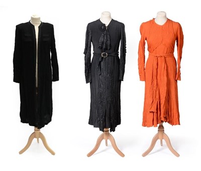 Lot 2062 - Three Circa 1920's Dresses, comprising an orange textured crepe day dress with long sleeves,...