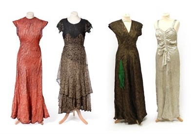 Lot 2065 - Four Circa 1930's Full Length Evening Dresses, comprising a red/gold textured bias cut evening...