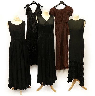 Lot 2067 - Five Circa 1930's and Later Evening Dresses, comprising a black sleeveless evening dress with...