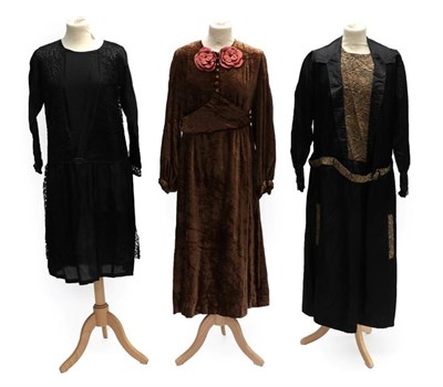 Lot 2068 - Three Circa 1930's Evening Dresses, comprising chocolate brown velvet dress, with long bellowed and