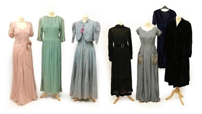 Lot 2074 - Seven Items of Circa 1930's-1940's Ladies' Evening Wear, comprising a pale blue sleeveless full...