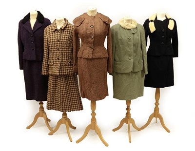 Lot 2075 - Five 1940's Skirt Suit Ensembles, comprising Salts Saltaire sage green wool skirt and jacket,...