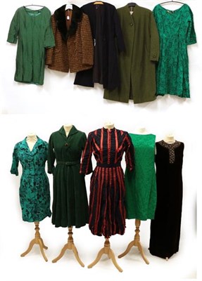 Lot 2083 - Ten Items of Circa 1940's-1960's Ladies' Costume, comprising a navy blue tailored coat with two...