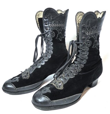 Lot 2133 - A Pair of Edwardian Black Leather and Velvet Lace Up Boots, with stylish cut work to leather...