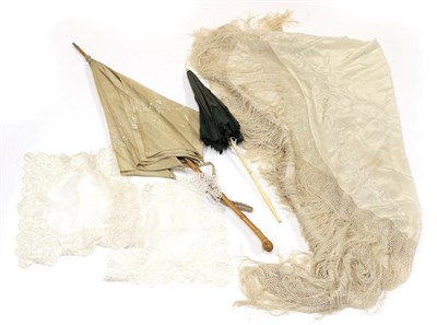 Lot 2140 - A Circa 1920's Chinese Cream Silk Shawl, embroidered with cream silk flowers; two white cotton...