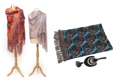 Lot 2142 - Four Circa 1920's Accessories, including a pink shawl printed with flowers and tassel trims,...