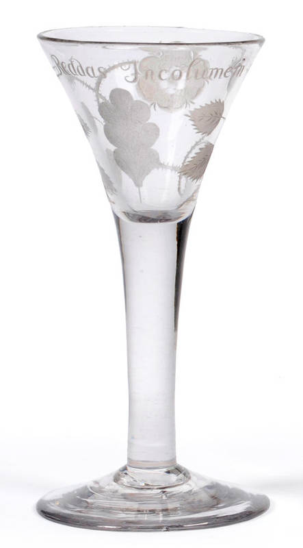 Lot 33 - A Jacobite Wine Glass, circa 1750, the drawn trumpet bowl engraved with a rose, two buds and an oak