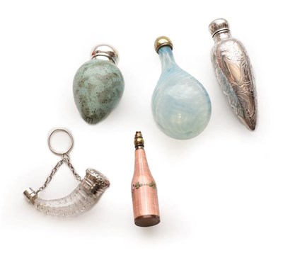Lot 2180 - Five Assorted Scent Bottles, including a Victorian silver teardrop shaped bottle with hinged silver