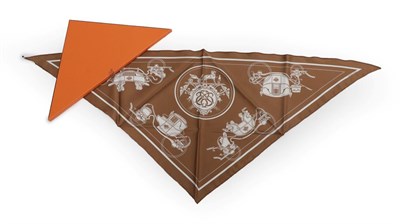 Lot 2188 - A Hermès Brown Silk Small Triangle Scarf, printed in white with figures riding in carriages, 108cm