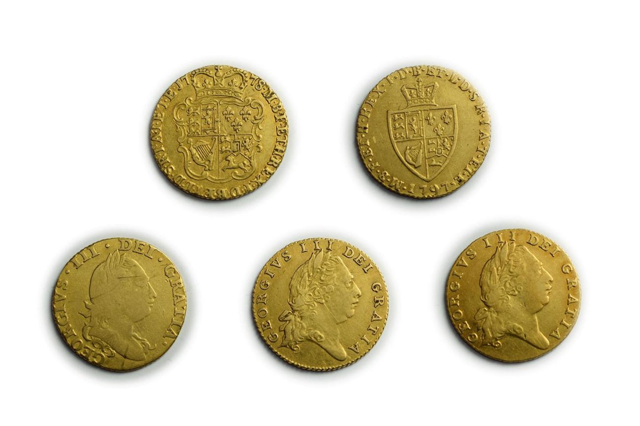 Lot 95 - George III Half Guineas (5) 1778 F, 1786 F+ S3734, 1797 VF+ S3735, 1801 and 1802 stamped on reverse