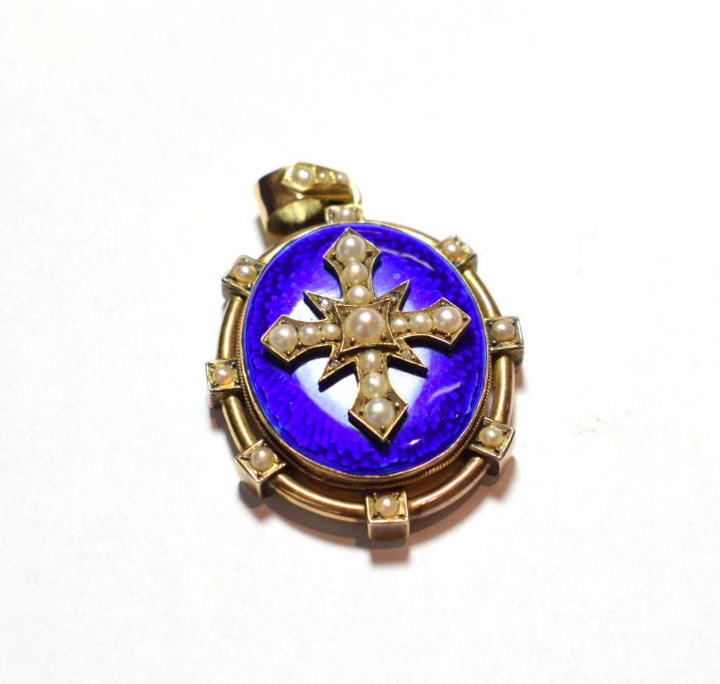 Lot 27 - A blue enamel and split pearl locket, a cross motif inset with split pearls, on a blue enamel...