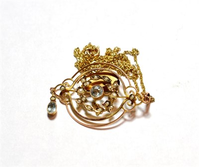 Lot 28 - An aquamarine and split pearl pendant on chain, pendant bale and chain stamped '9CT', pendant...