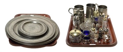 Lot 71 - A group of pewter and silver plate, 17th century and later, including two large pewter chargers...