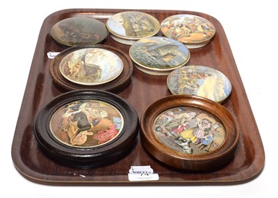 Lot 74 - Eight assorted 19th century pot lids, three in oak mounts including: A Pretty Kettle of Fish,...
