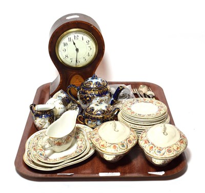 Lot 75 - Dolls tea sets, silver flatware and Edwardian inlaid mantel timepiece etc