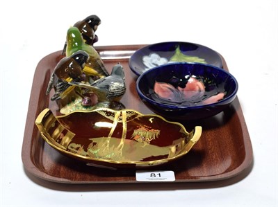 Lot 81 - A Moorcroft dish and bowl; a Carlton ware Rouge Royale dish; and four Beswick birds (7)