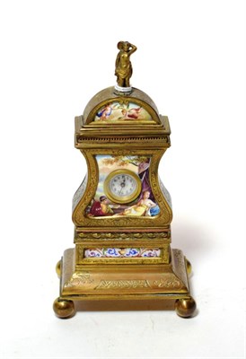 Lot 102 - A miniature Viennese enamel timepiece, circa 1880, renaissance style gilded case with engraved...