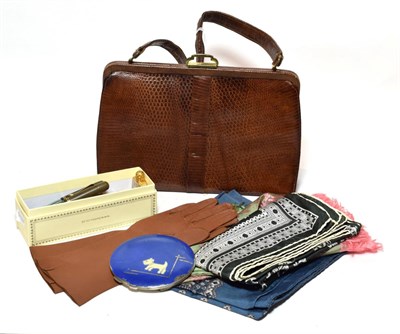 Lot 105 - A Mappin and Webb lizard handbag, circa 1970's; an Art Deco compact; two fountain pens; a coral...