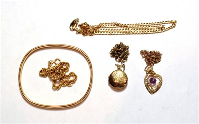 Lot 137 - A TV shaped 9 carat gold bangle; two 9 carat gold chains (a.f.); a 9 carat gold amethyst pendant on