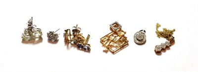 Lot 138 - Three 9 carat gold diamond set pendants (one on a chain); a pair of 9 carat gold diamond...